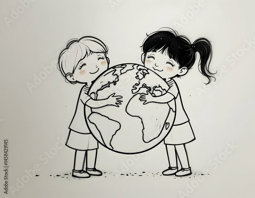 Children Hugging a Globe Earth Illustration in Black and White