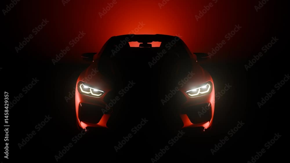 3D Rendered Super car Cinematic front view in dark with red background, Red sport car headlights blinking in dark with black and red background, Vintage super car front view