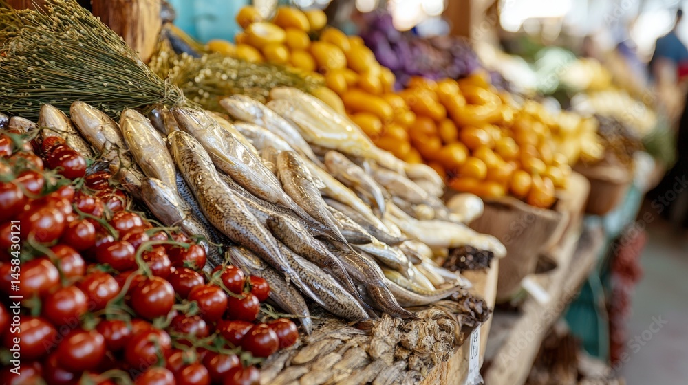 Fototapeta premium Outdoor market vegetables colorful stall healthy produce fresh food tomatoes peppers lifestyle natural vibrant scene