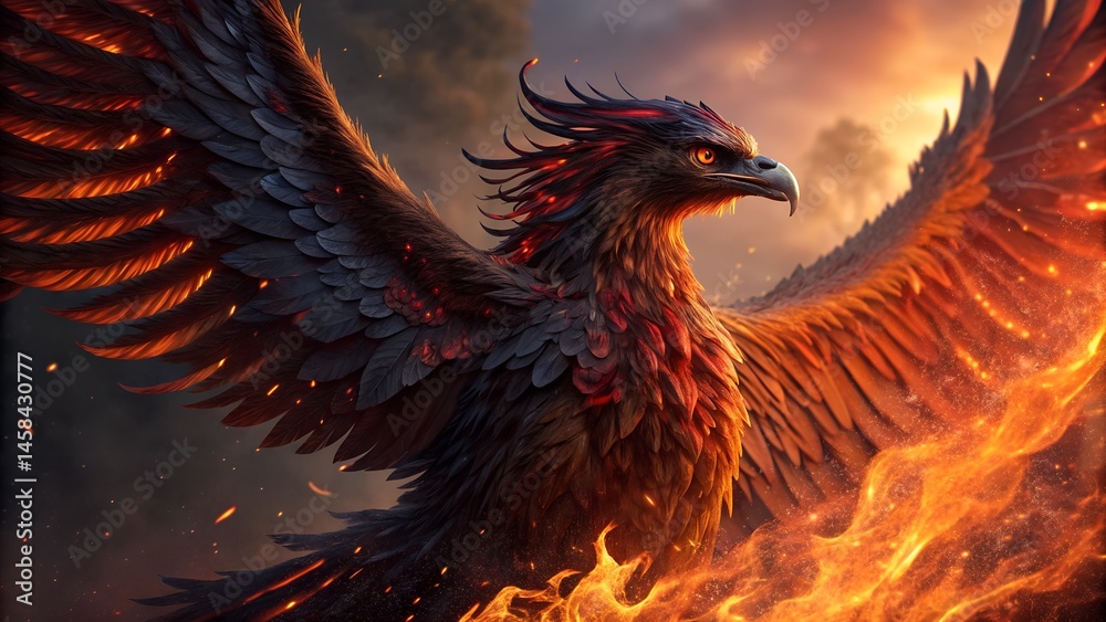 Fototapeta premium mythical phoenix rising from ashes hyper detailed