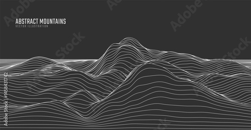 Contour mountain landscape. Waved line art. Abstract minimal topographic map. Contour lines with elevations and terrain depth. Vector illustration.