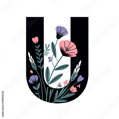 Black capital letter U with wildflowers and leaves, isolated illustration. Generative ai