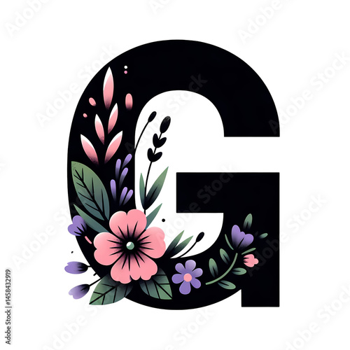 Black capital letter G with wildflowers and leaves, isolated illustration. Generative ai