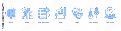 Digital Product Marketing web banner icon sheet internet, product, project management, selling, efficient, direct marketing, loyal customer