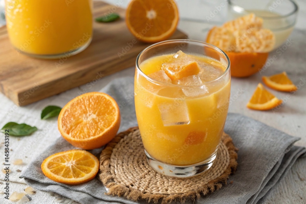 A glass of freshly squeezed orange juice with pulp and a slice of orange on the rim. High quality photo A glass of freshly squeezed orange juice with pulp and a slice of orange on the rim. High quality photo