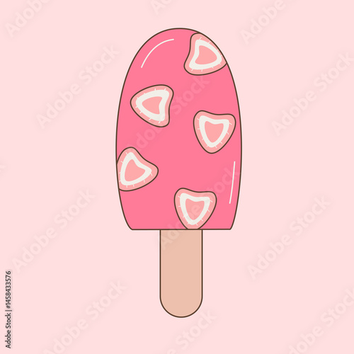 Cute hand drawn cartoon vector illustration with ice cream with strawberry isolated on pink background