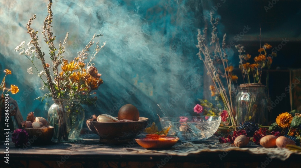 Fototapeta premium Still life with fruit flowers and candle dramatic blue background rustic organic harvest vintage scene