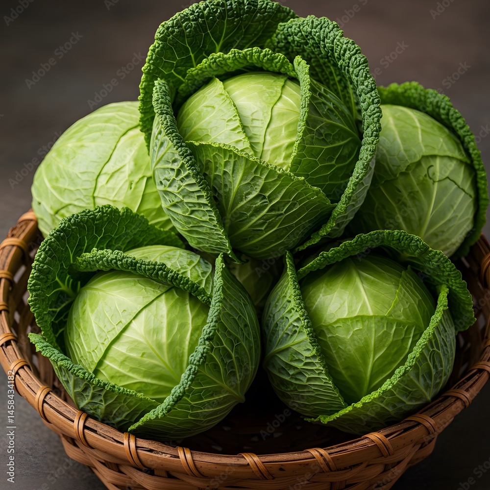 Fototapeta premium A rustic vegetable basket overflows with crisp, fresh green cabbages, showcasing their natural beauty