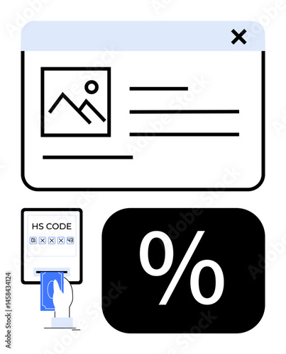 Webpage box layout, HS code input with card payment, large percentage symbol. Ideal for e-commerce, financial transactions, discounts, tax returns, secure payments web forms savings. Flat simple
