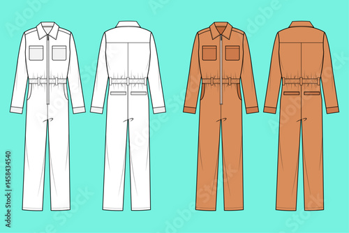 Long Sleeve Zip through Coveralls colour way set fashion flat sketch vector illustration template outline CAD mockup front and back views.