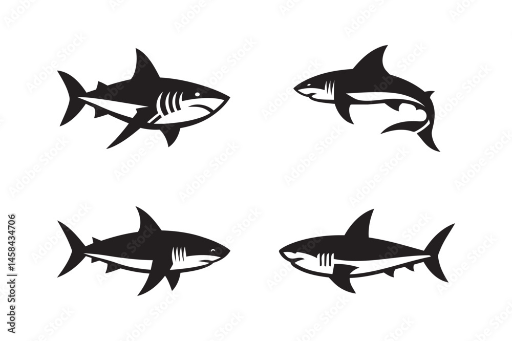 Obraz premium Shark Silhouette Vector Set, Black Marine Predator Icons Collection.