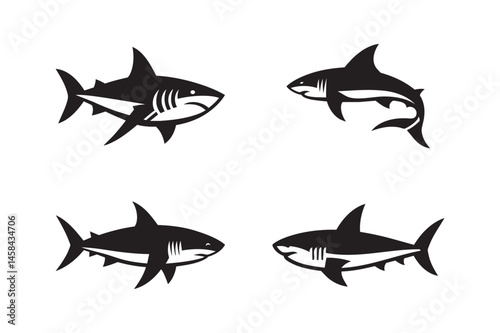 Shark Silhouette Vector Set, Black Marine Predator Icons Collection.