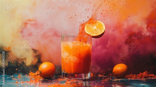 Orange juice explosion with vibrant powder splash abstract creative food drink concept splash energy