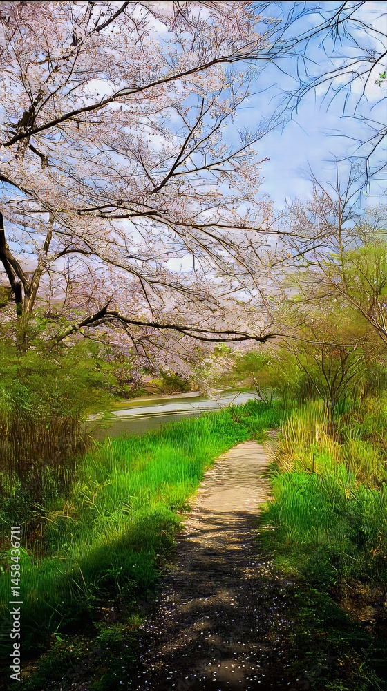 Fototapeta premium Trail beneath blooming cherry trees near water