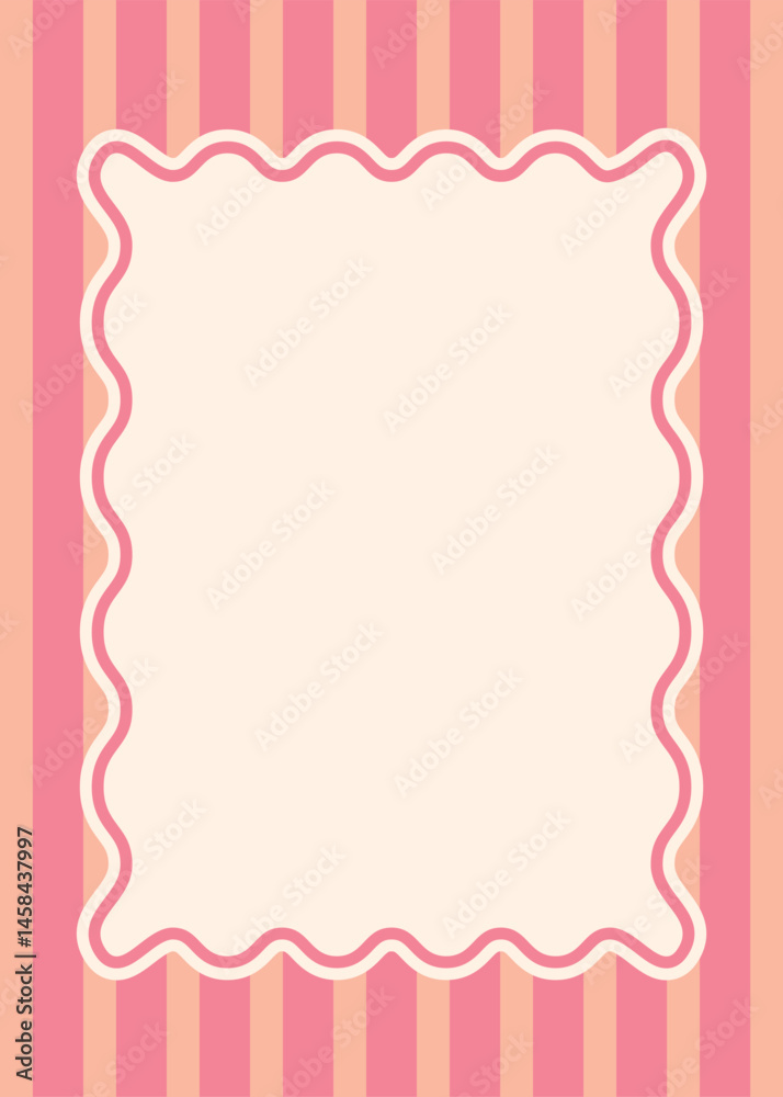 Striped pink background with frame. Scalloped wavy frame on pink background. Horizontal template for text boxes, invitations, advertisements, labels. Striped pink background with frame. Scalloped wavy frame on pink background. Horizontal template for text boxes, invitations, advertisements, labels.