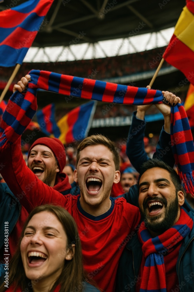 Group of passionate sport fans in stadium scream with joy while raising red blue striped scarf on stadium. Concept of sport events