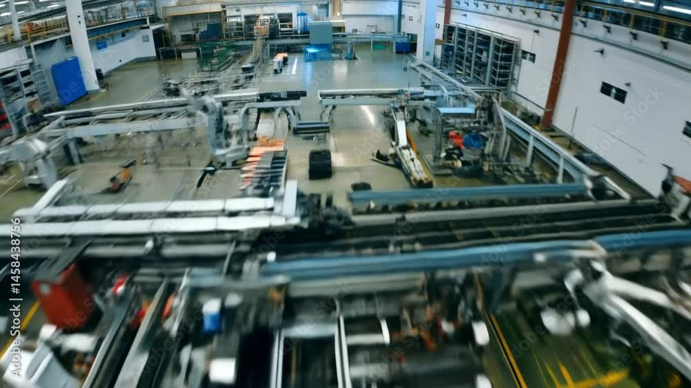 FPV drone shot inside modern factory with autonomous machines - Drone flies through empty smart factory with automated machines. Concept of AI, automation, robotics, industry 4.0. FPV drone shot inside modern factory with autonomous machines - Drone flies through empty smart factory with automated machines. Concept of AI, automation, robotics, industry 4.0.