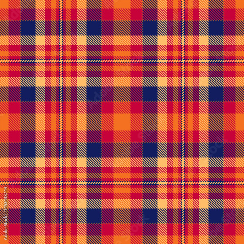 Vibrant autumnal plaid pattern in warm oranges, reds, and deep blues.  Perfect for fallthemed designs, textiles, or website backgrounds.