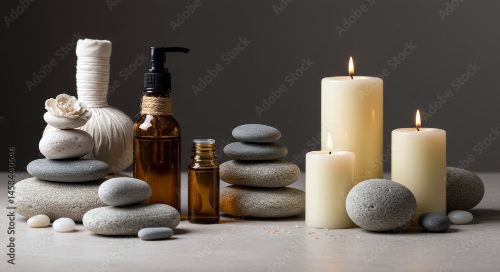 A calming arrangement of spa products like essential oils, candles, and smooth stones, professional studio lighting setup A calming arrangement of spa products like essential oils, candles, and smooth stones, professional studio lighting setup