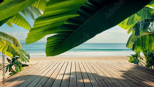 Tropical Beach Paradise: Wooden Deck, Ocean View, Palm Leaves