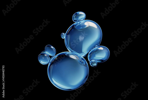 clear blue glass molecule bubbles, cells, water, liquid, advanced tech,shiny glass, medical, science, laboratory, Cosmetic moisturizer essence gel, serum oil, health care and beauty skin, 3d render
