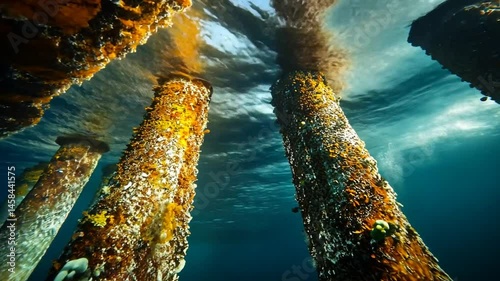 Underwater Pier: Sunlit Golden Algae on Wooden Pillars