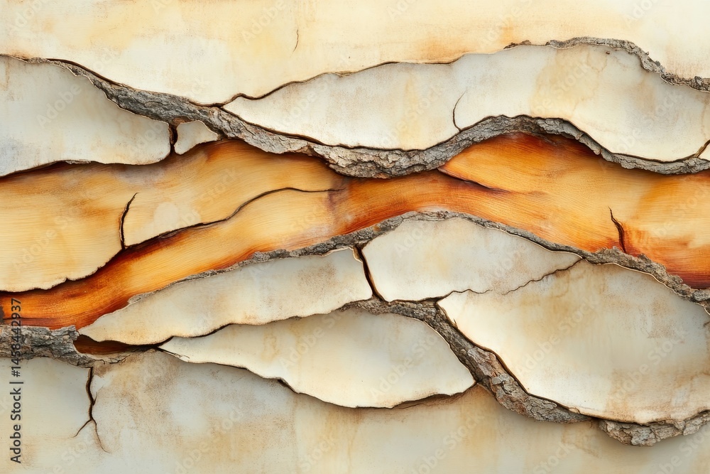 Fototapeta premium Close-up view of textured bark with pale cream and burnt orange hues.
