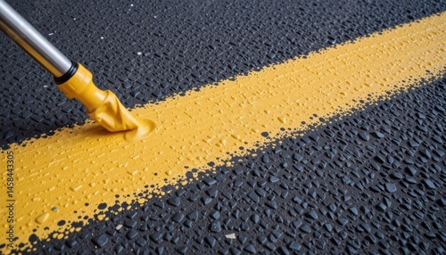 Freshly painted yellow line on asphalt road surface.