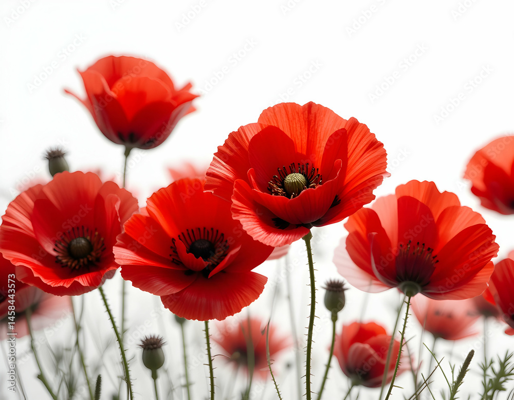 Obraz premium Red Poppy Flowers Blooming Against a White Background