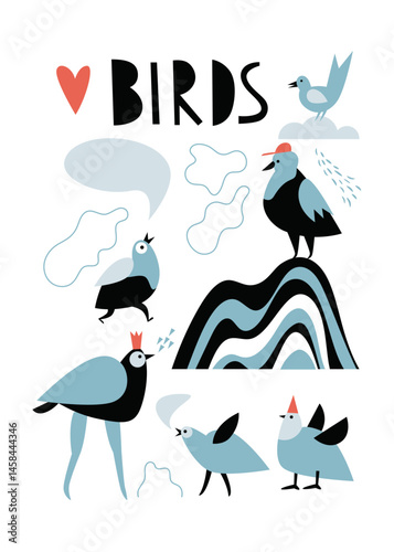 Vector illustration with cute whimsical birds 