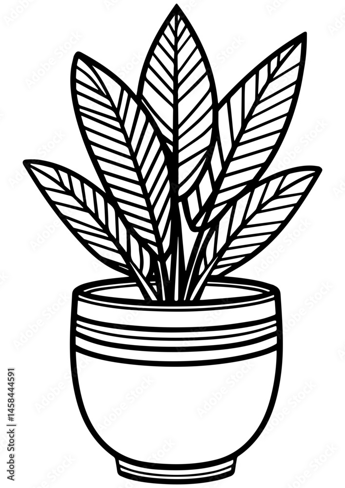 Black and white vector illustration of a plant with large leaves in a pot. Perfect for engraving, prints, logos, and creative botanical projects Black and white vector illustration of a plant with large leaves in a pot. Perfect for engraving, prints, logos, and creative botanical projects