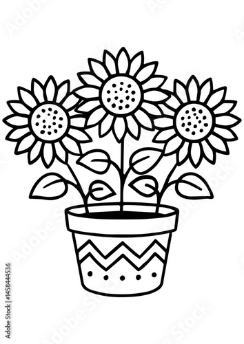 Black and white vector of sunflowers in a pot on white background. Ideal for engraving, print, logo, or creative floral projects