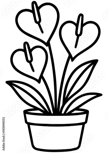 Black and white vector of a plant with heart-shaped flower in a pot. Perfect for engraving, prints, logos, and romantic-themed projects