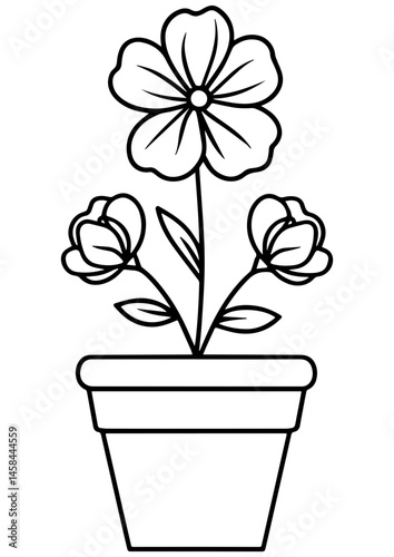 Black and white vector of a potted houseplant on white background. Ideal for engraving, prints, logos, books, and creative projects