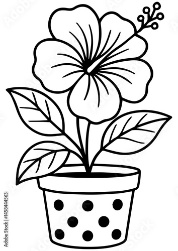 Black and white vector of a potted houseplant on white background. Ideal for engraving, prints, logos, books, and creative projects