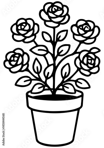 Black and white vector of a rose in a pot on white background. Perfect for engraving, print, logo, or floral decorative projects