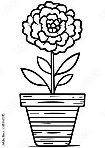 Black and white vector of a potted houseplant on white background. Ideal for engraving, prints, logos, books, and creative projects