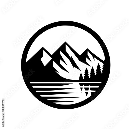 Minimalist Mountain and Lake Circle Logo: Outdoors, Nature, Adventure.