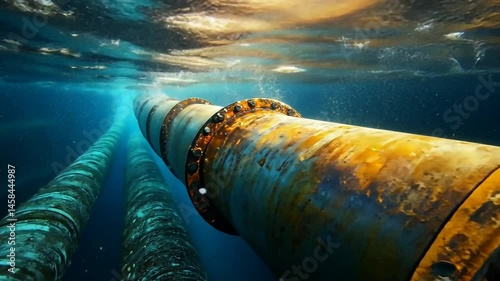 Underwater Pipeline: Sunbeams Illuminate Rusty Pipes
