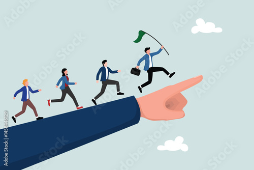 Business leader holding winner flag leading businessmen while pointing finger.