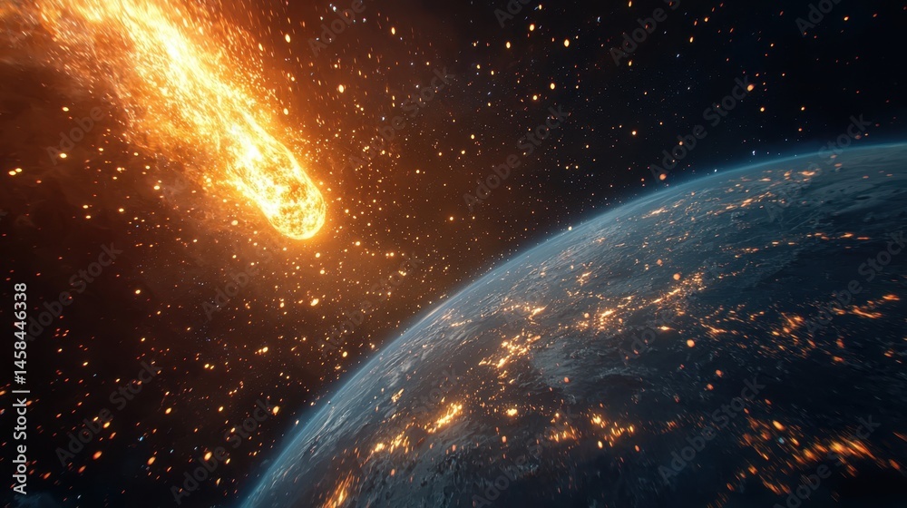 Fototapeta premium Comet scorching through space approaching Earth at high velocity with bright fiery trail illuminating the night landscape