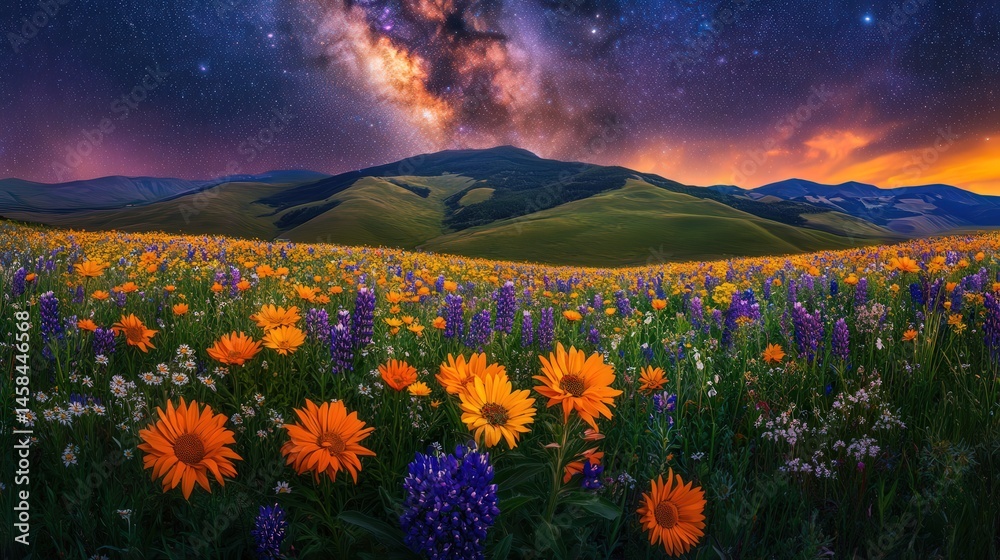 Obraz premium A vibrant, colorful meadow with wildflowers under a starry night sky.