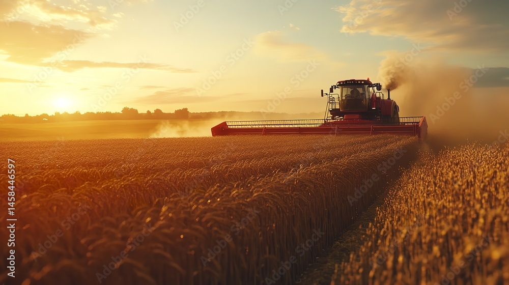 Fototapeta premium Harvesting wheat field at sunset with combine harvester agriculture farming rural landscape 100