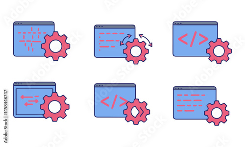 Blue and Pink Coding and Configuration Icons. blue and pink icons depicting code or data flow on screens paired with gears, representing coding and configuration