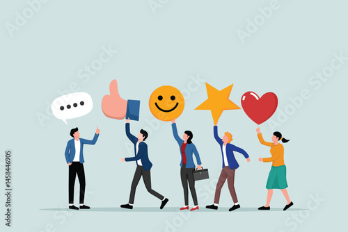 Customer feedback, user experience or client satisfaction, opinion for product and services, review rating or evaluation concept, young adult people giving emoticon feedback such as stars, thumbs up.