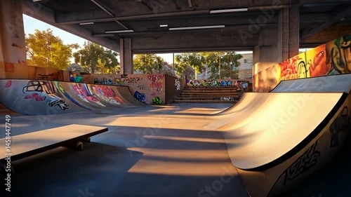 Urban Skatepark at Sunset: Graffiti, ramps, and skateboards