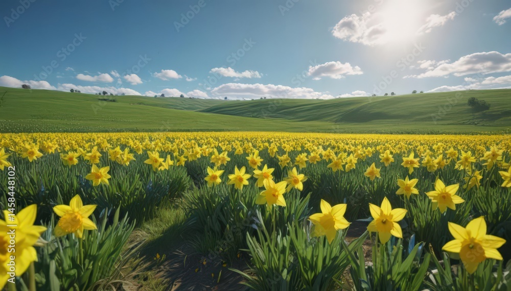 Fototapeta premium Lush green field explodes with vibrant yellow daffodils, clear blue sky above , blue, nature