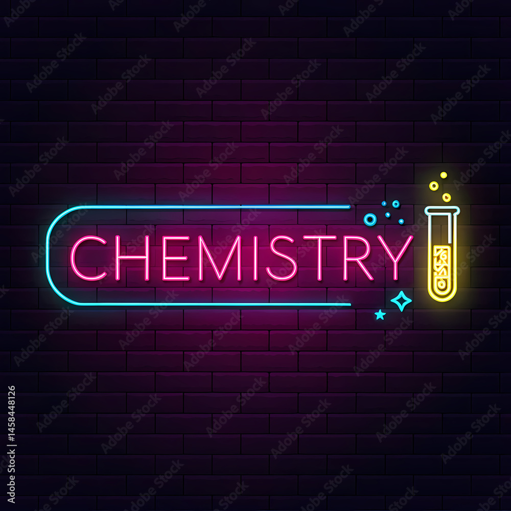 Obraz premium Vibrant Neon Chemistry Sign: Perfect for Science Education and Lab Backgrounds