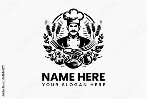 Elegant black and white illustration of a chef holding a knife and fork within a circular frame adorned with wheat. Food concept