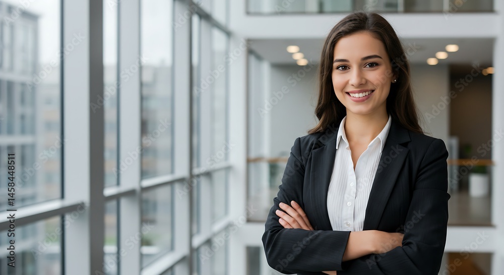 Confident Businesswoman Standing by Corporate Window in Bright Office Daylight Generative Ai Confident Businesswoman Standing by Corporate Window in Bright Office Daylight Generative Ai
